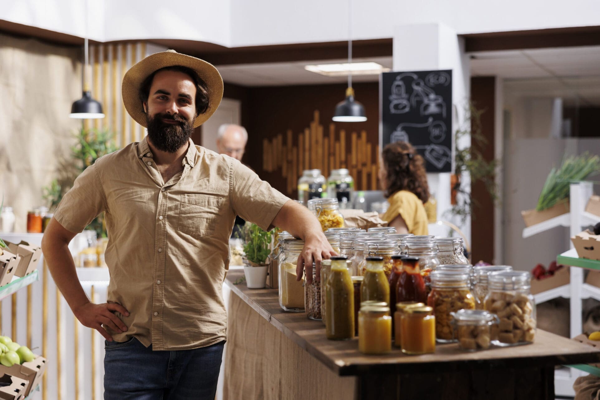 Portrait of smiling man looking for farm grown vegetables in eco friendly zero waste store. Hipster client does grocery shopping, buying vegan food in environmentally friendly local neighborhood store